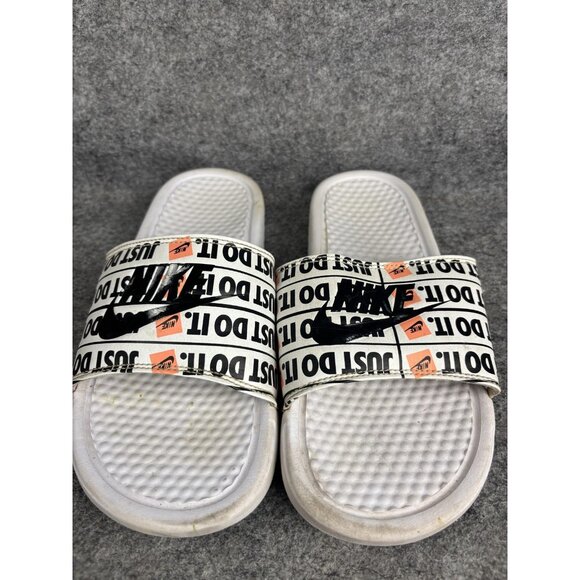 Nike Shoes Mens Size 8 White Black Benassi JDI Print Just Do It Slide Sandals - Picture 1 of 7